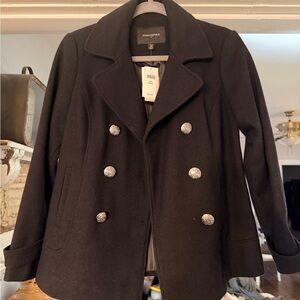 NWT Banana Republic Black Pea Coat with Silver Buttons